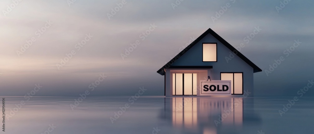 Poster small house with a triangular roof and a large window on the right side. the house is standing on a 