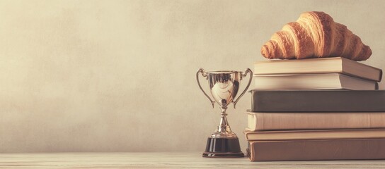 A silver trophy rests beside a stack of books topped with a croissant on a wooden surface against a beige backdrop.