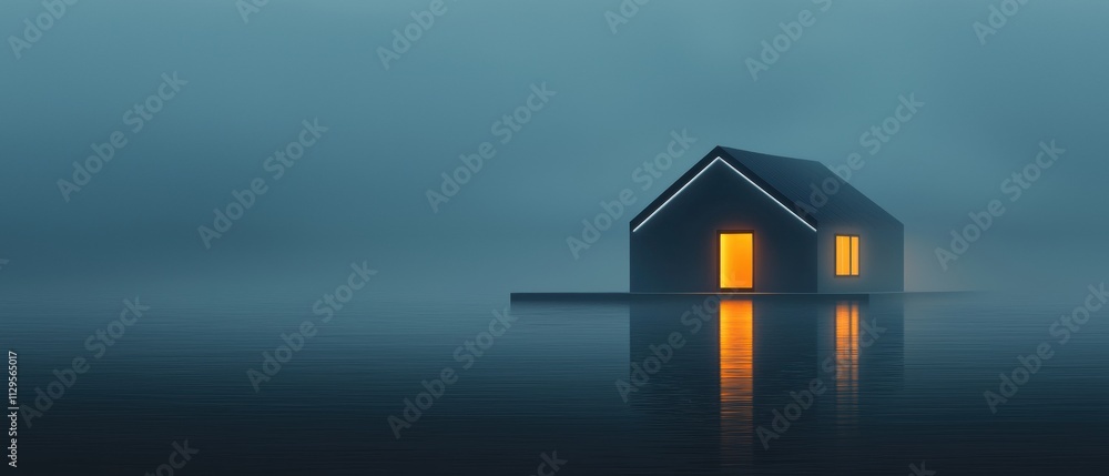 Poster digital illustration of a small house in the middle of a body of water. the house is made of a dark 