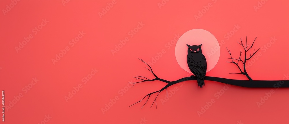 Poster digital illustration of an owl sitting on a tree branch. the owl is black with red eyes and is facin
