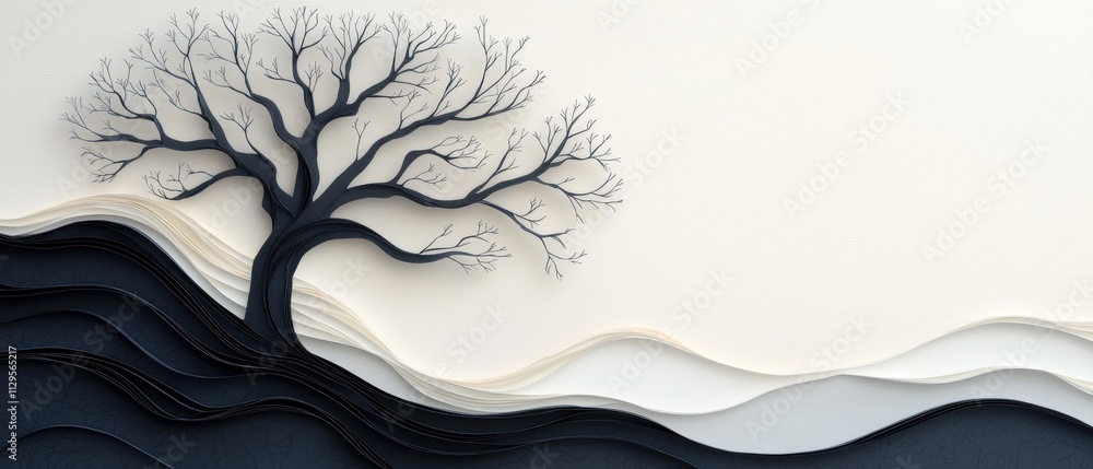 Poster digital art piece that features a tree with bare branches on a white background. the tree is in the 