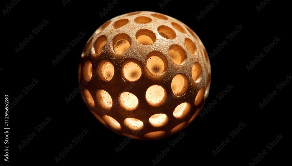 Poster illuminated sphere with circular cutouts, glowing from within against a black background.
