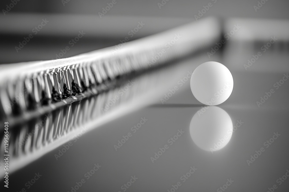 Poster Close-up of a ping pong ball and net on a reflective table.