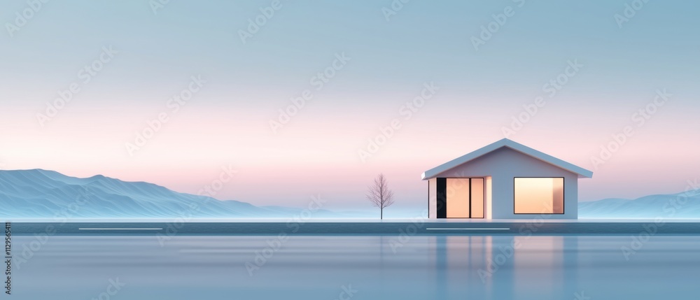 Poster digital illustration of a small house on the shore of a lake. the house is white with a sloping roof