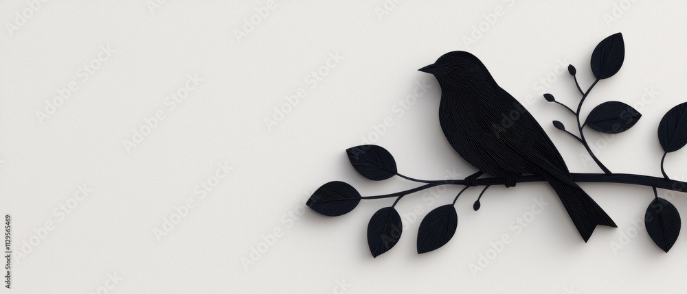 Poster digital illustration of a black bird perched on a branch. the bird is facing towards the right side 