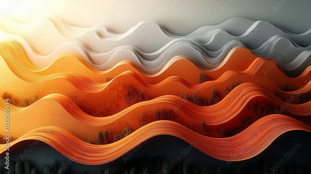 Poster abstract layers of orange and white waves representing a landscape at sunset with textured patterns 