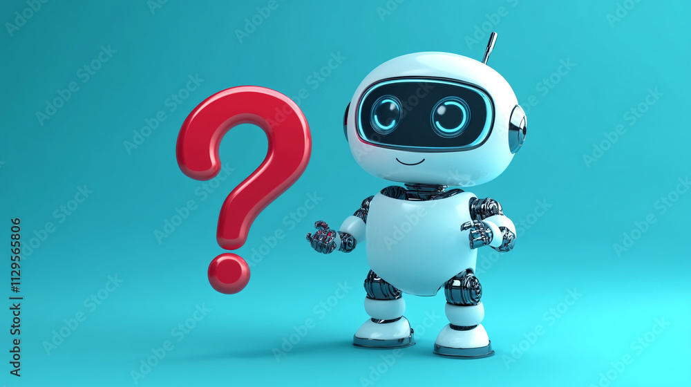 Poster Cute robot character standing next to a large red question mark on a bright blue background, symbolizing curiosity and inquiry