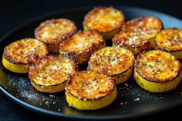Baked round zucchini with ground meat and cheese on a dark backdrop High quality image