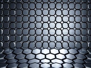 Abstract hexagonal metal background with illuminated light, steel, concept, hexagonal