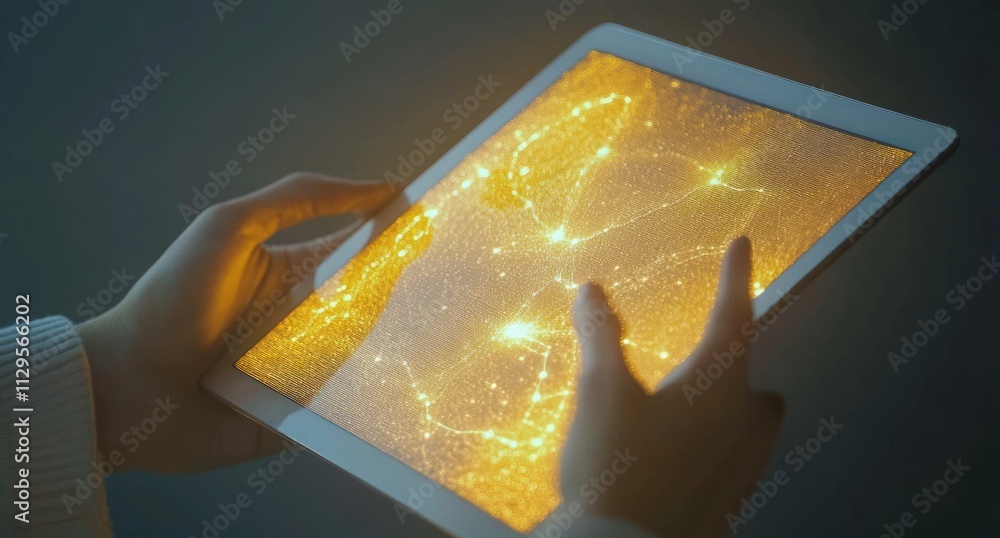 Aufkleber Close-up of hands holding tablet displaying glowing network.