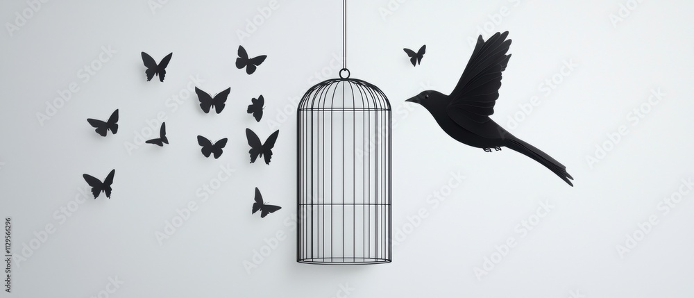 Poster black birdcage hanging from a string. the bird is in the center of the image, with its wings spread 