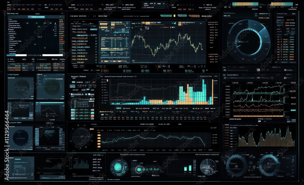 Poster futuristic data visualization dashboard displays charts, graphs, and real-time stock market data on 