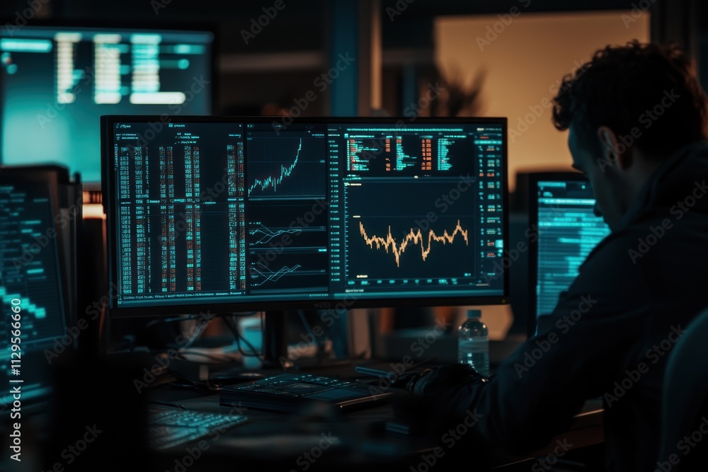 Aufkleber Man analyzing stock market data on multiple computer screens in a dark office.