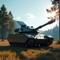 Fototapeta premium main battle army tank in green camouflage against the background of a summer forest