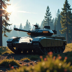 main battle army tank in green camouflage against the background of a summer forest