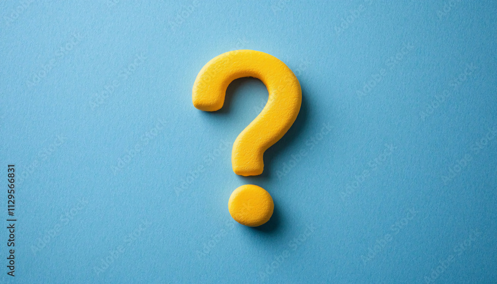 Poster bright yellow question mark on a soft blue background, symbolizing curiosity and inquiry in a colorf