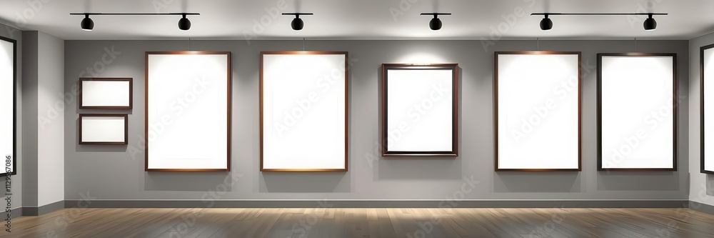 Poster a collection of four hanging gallery frames mockups in various sizes and orientations on a white wal