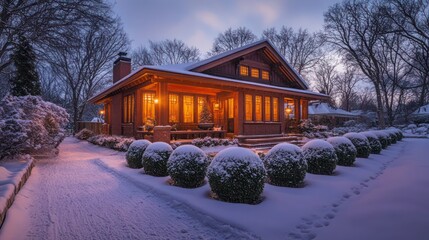 A Craftsman home with intricate wooden details, glowing warmly against a snowy suburban landscape, with decorative shrubs lining the walkway