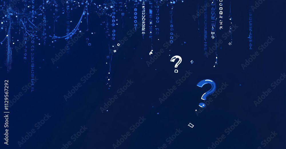 Aufkleber Data and mystery represented through flowing code and question marks in a blue digital space