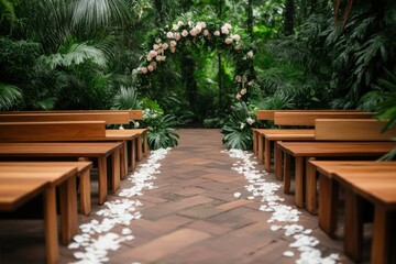 Obraz premium bohemian wedding decor, scenic boho wedding petal-strewn aisle, wood benches, lush greenery
