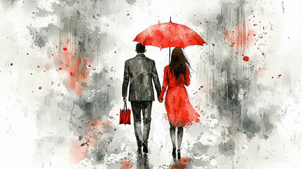 Watercolor drawing of couple walking under umbrella on the rain.