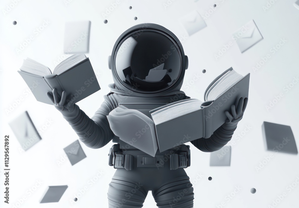 Poster astronaut reading books amidst floating envelopes.