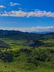 Naklejka premium Majestic mountain heights landscape, showcasing rugged mountains adorned with lush greenery and vibrant wildlife. The interplay of light and shadow creates a dynamic atmosphere.