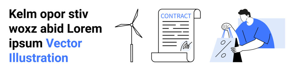 Man with shopping bags with percent signs, a contract document, and a wind turbine. Ideal for business agreements, financial transactions, shopping deals, green energy, contracts, commerce
