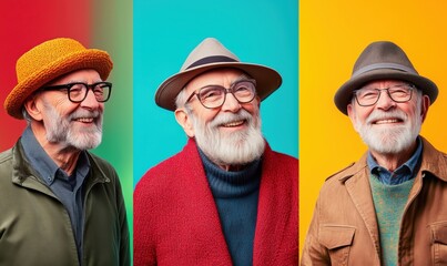 Elderly men with stylish hats and vibrant backgrounds, showcasing diverse fashion styles and joyful expressions