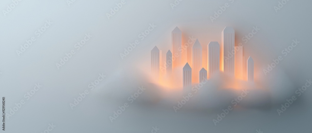 Poster digital illustration of a city skyline. the background is a light grey color and the city is made up