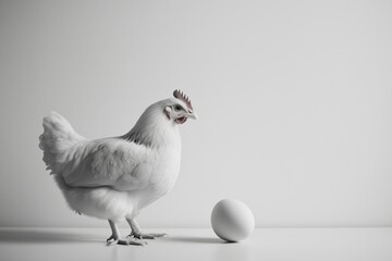 Obraz premium White chicken beside white egg, minimalistic composition, soft lighting, clean background