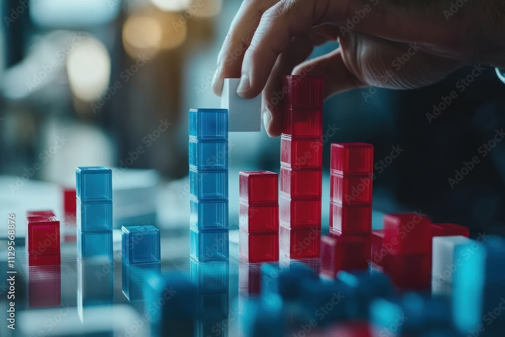 Poster hand placing a white block on a growing stack of red and blue blocks, symbolizing growth, strategy, 