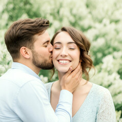 Sweet kiss on the cheek. Romantic spring couple embracing in blooming garden for engagement celebration