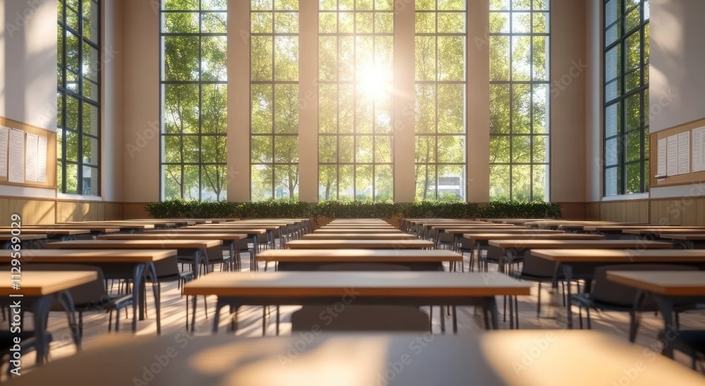 Poster Sunlit classroom with rows of desks and large windows overlooking trees.