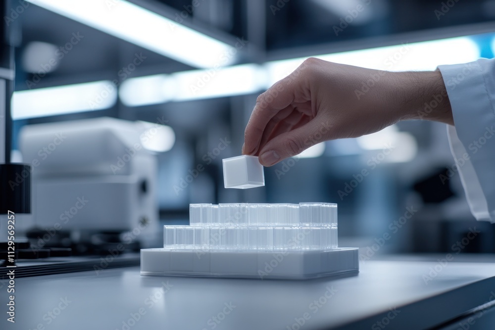 Poster scientist's hand placing a cube into a sample rack in a lab.