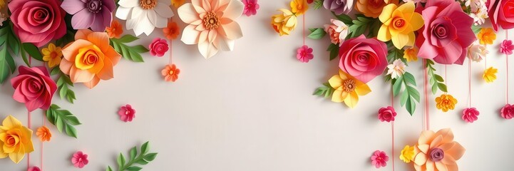 Backdrop featuring colorful paper roses in various shades of pink, red, orange, and yellow, handmade, background