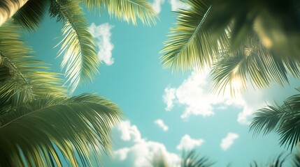  Low-angle shot of three palm trees, summer vibes, tropical background