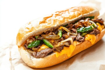 Beef and cheese sandwich with green peppers and caramelized onions on a white background