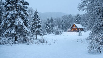 Cozy log cabin in snow covered woods with space for text