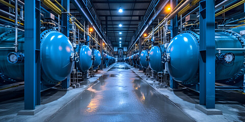 Interior view of large industrial boiler room" / "Symmetrical perspective of pressure vessels in factory