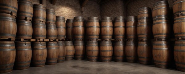 Wooden oak keg barrels stacked tall in a rustic distillery, oak, stack, tall, wooden, rustic