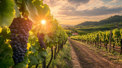 Vineyards with grapevines and wineries along a wine road, illuminated by the evening sun in Europe.