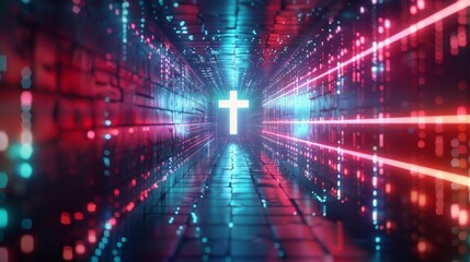 Fototapeta premium Glowing neon cross in data stream tunnel. Futuristic virtual reality concept of faith and spirituality.