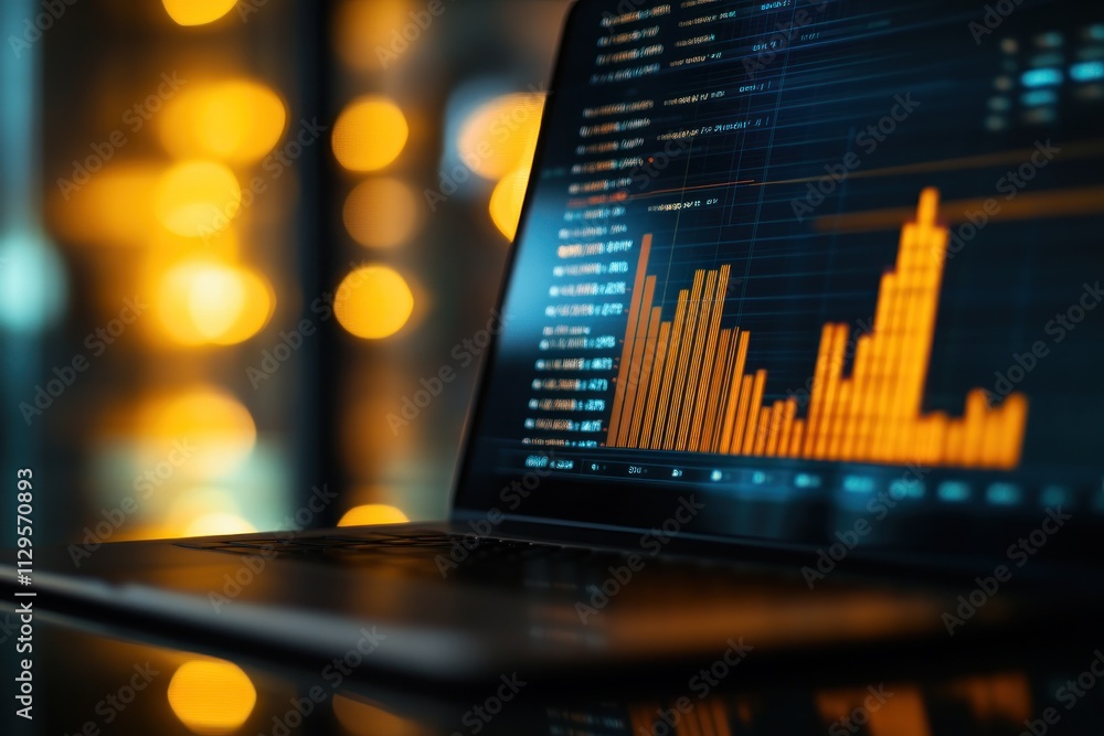 Aufkleber laptop displaying stock market data with orange graph rising against blurred lights.