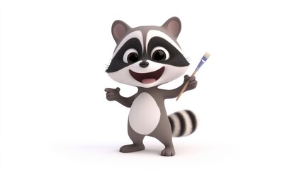 Cute cartoon raccoon holding paintbrush.