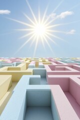 Obraz premium Intricate maze of colorful pathways leading to a shining sun, stark white background, targeted growth concept