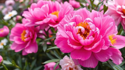 Blurred pink peony flowers in the background of a lush garden, floral, botanical, vibrant