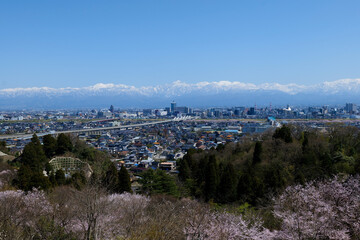 呉羽山展望台から残雪の北アルプスと富山市街地パノラマ