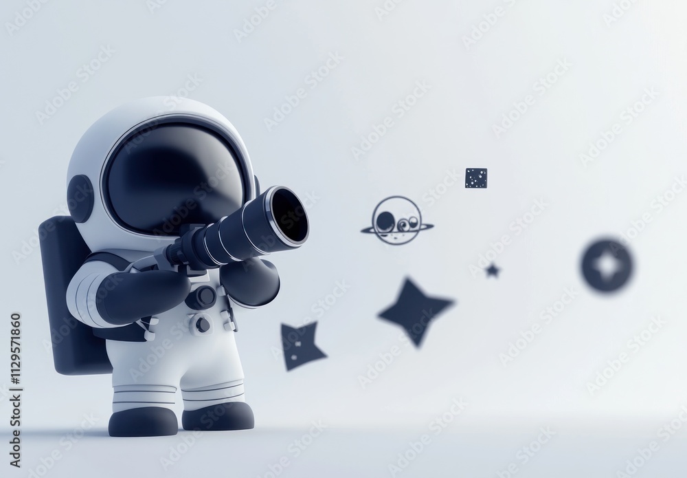 Poster cute astronaut with large camera lens, exploring space.