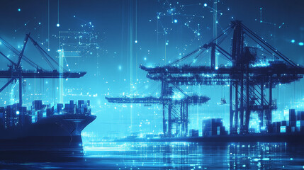 Obraz premium Global Logistics Digital Port Cargo Ship Crane Network